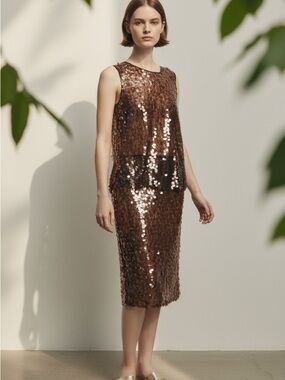 Brown Sequin Sleeveless Midi Dress